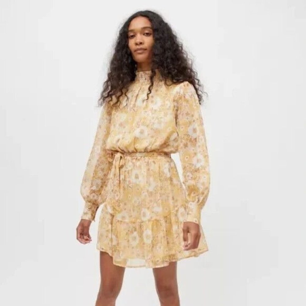 MINKPINK Yellow Floral Tie-Waist Long Sleeve Mini Dress